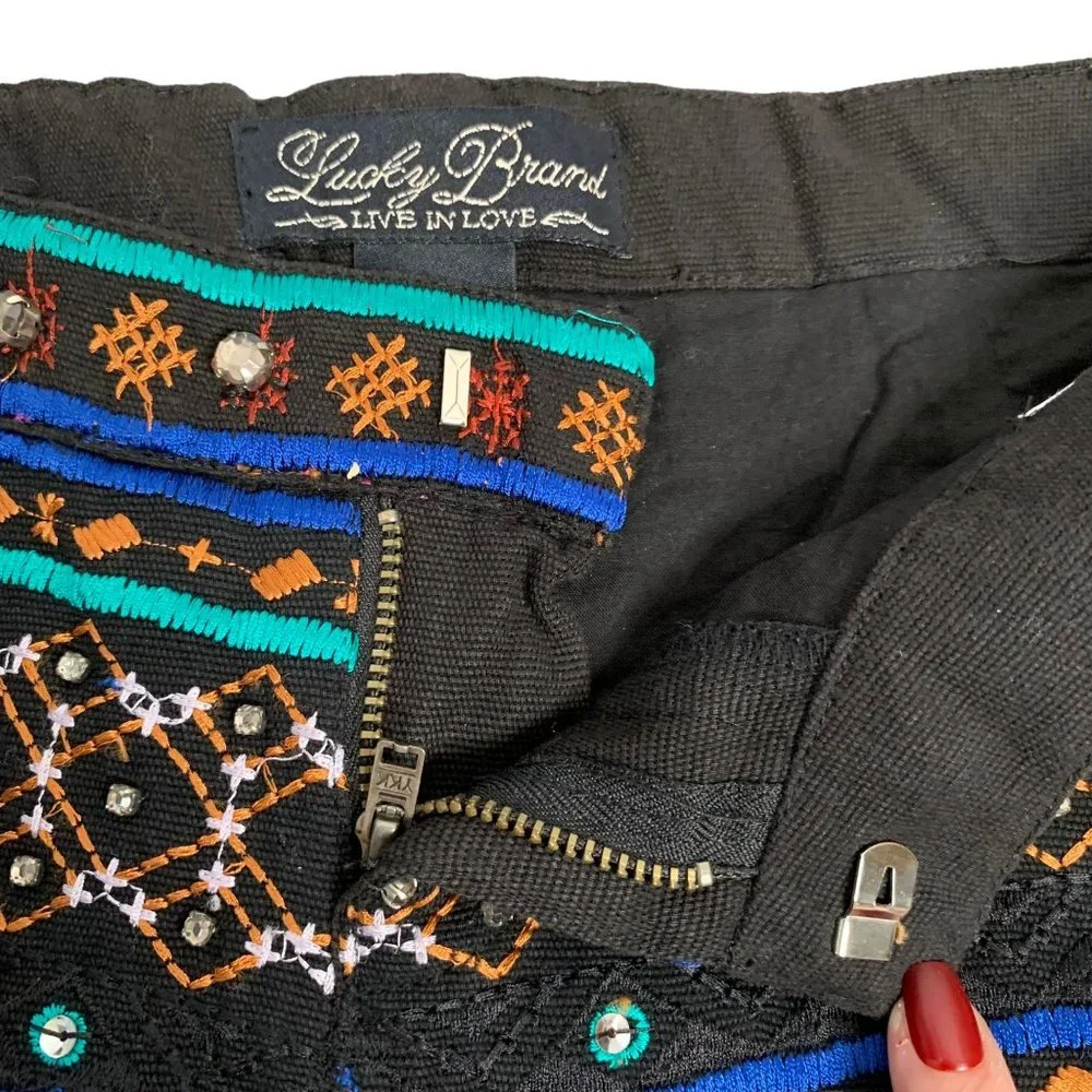 Lucky Brand Embroidered Sequin Shorts S Black Mid Rise Zip Rhinestones Cotton - Picture 5 of 6